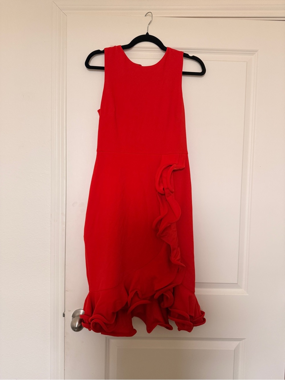 Badgley Mischka Vibrant Red Ruffle Hem Midi Dress